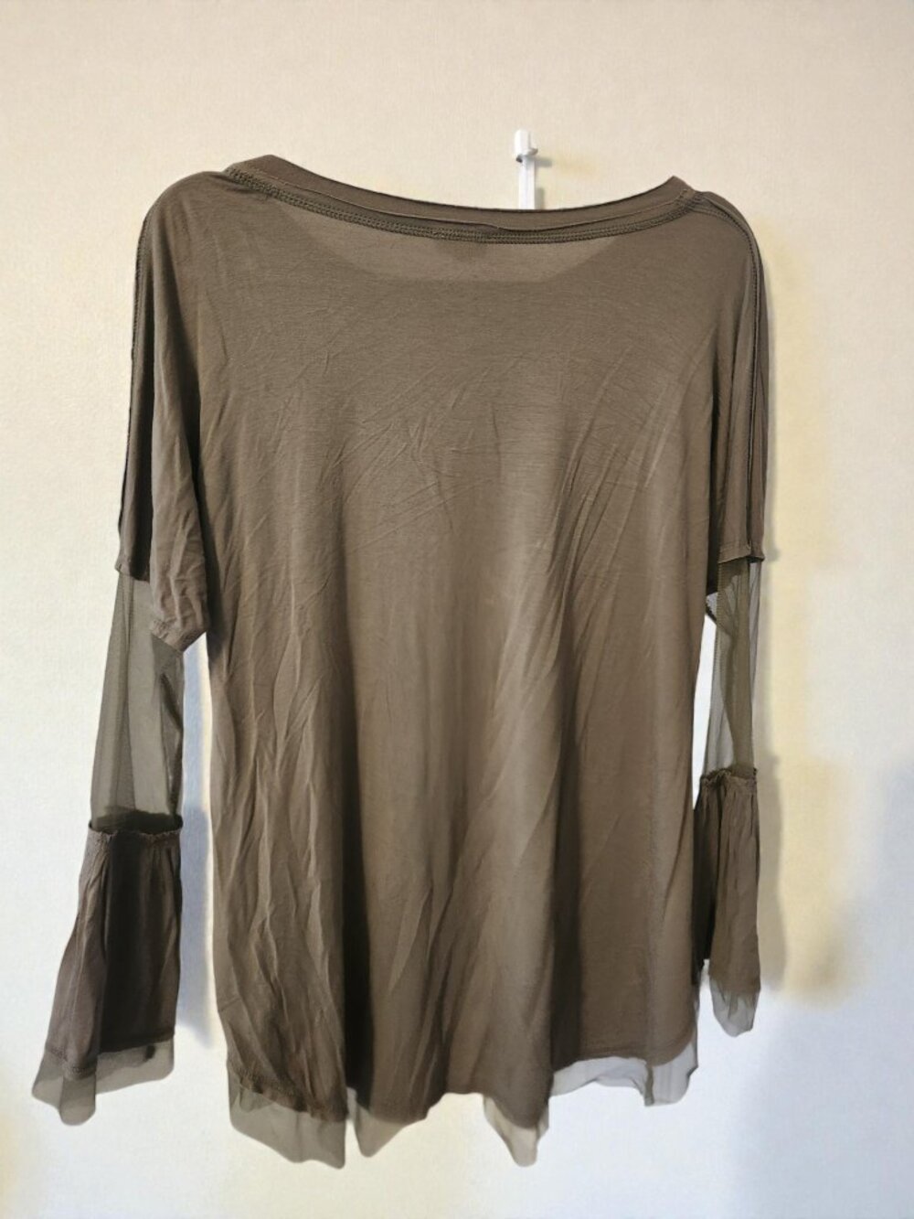 🤎 POL Distressed Boho Top S | Mesh Sleeve Bell Top Raw Hem 🤎 - Picture 8 of 11